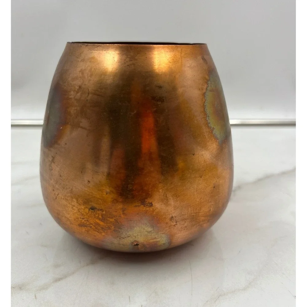 Vintage Handcrafted Copper Vessel Vase with Aged Patina Rustic Decorative Bowl